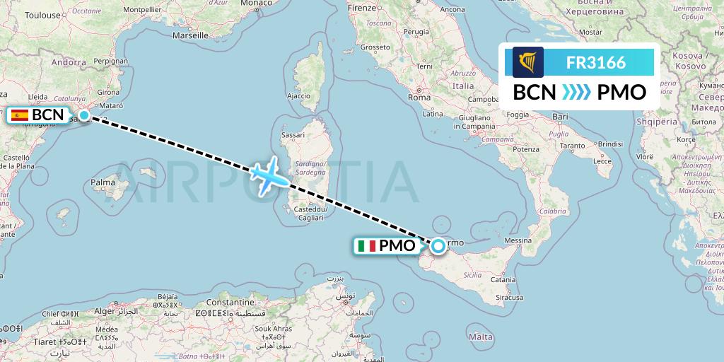 FR3166 Ryanair Flight Map: Barcelona to Palermo