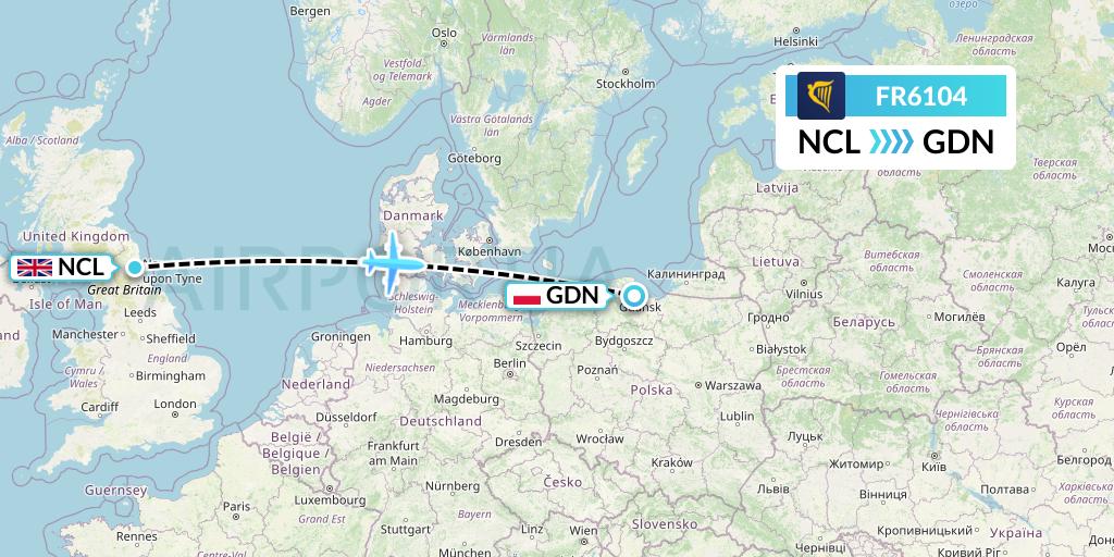 FR6104 Ryanair Flight Map: Newcastle to Gdansk