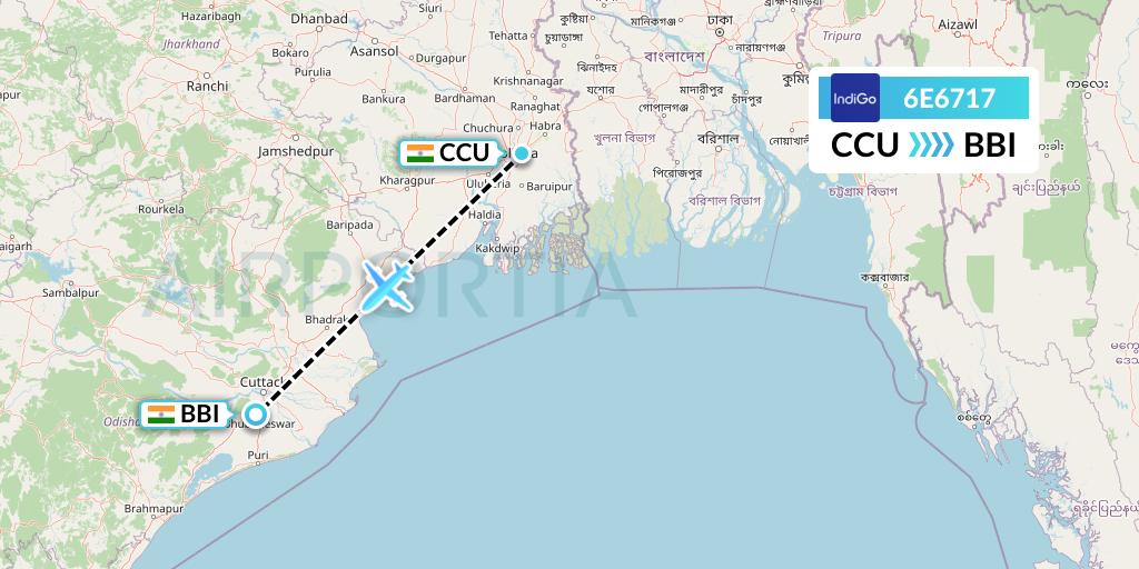 6E6717 IndiGo Airlines Flight Map: Kolkata to Bhubaneswar