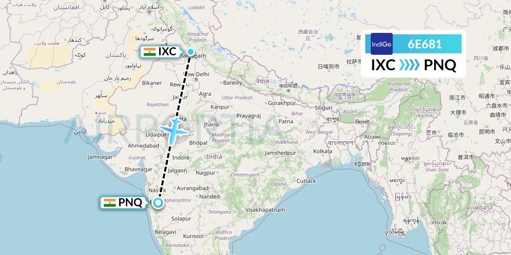6E681 IndiGo Airlines Flight Map: Chandigarh to Pune