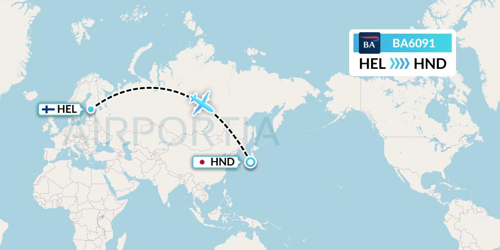 BA6091 British Airways Flight Map: Helsinki to Tokyo