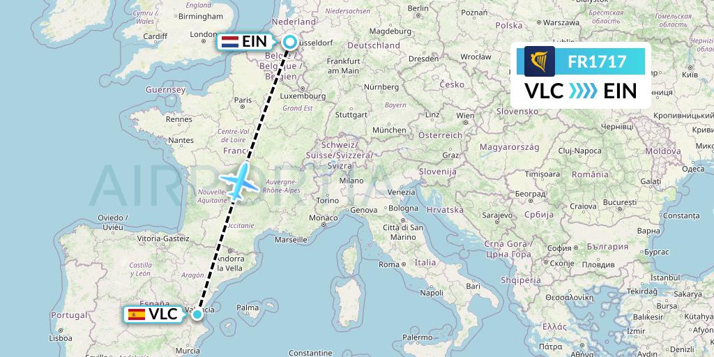 FR1717 Ryanair Flight Map: Valencia to Eindhoven