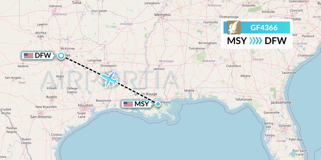 GF4366 Gulf Air Flight Map: New Orleans to Dallas