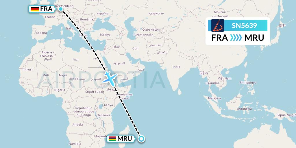 SN5639 Brussels Airlines Flight Map: Frankfurt to Port Louis