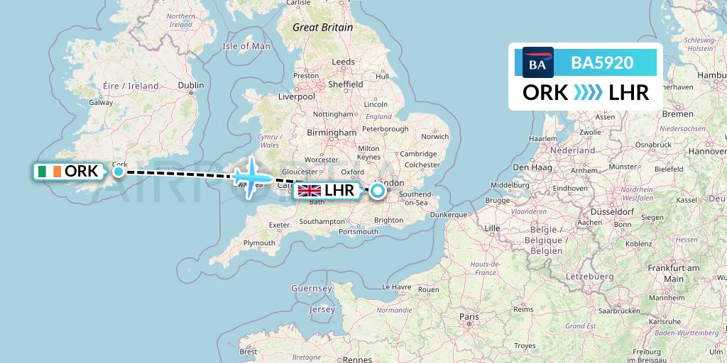 BA5920 British Airways Flight Map: Cork to London