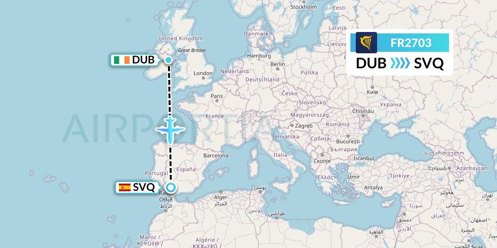 FR2703 Ryanair Flight Map: Dublin to Seville