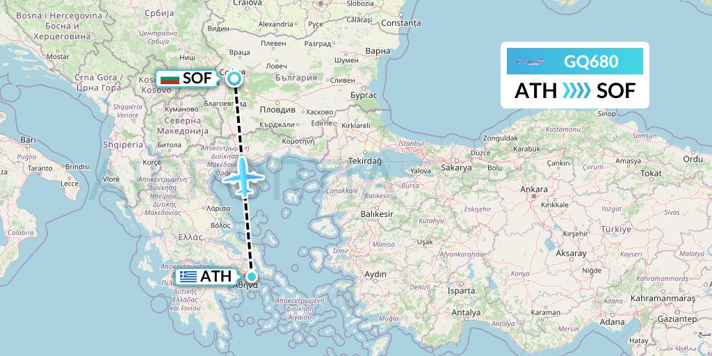 GQ680 Sky Express (Greece) Flight Map: Athens to Sofia