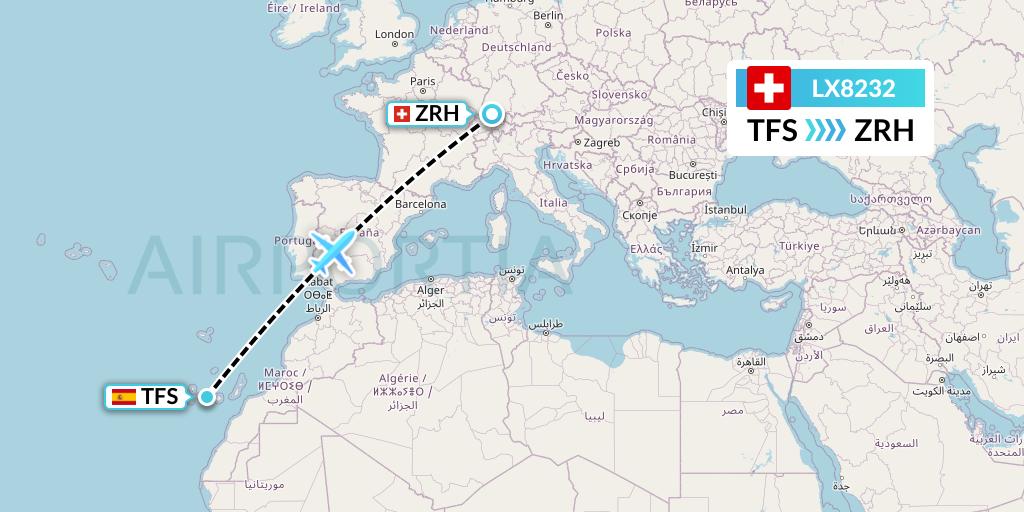 LX8232 Swiss Flight Map: Tenerife to Zurich