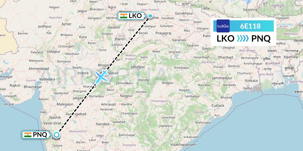 6E118 IndiGo Airlines Flight Map: Lucknow to Pune