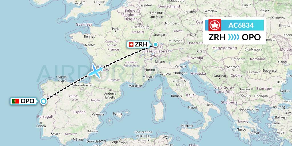 AC6834 Air Canada Flight Map: Zurich to Porto
