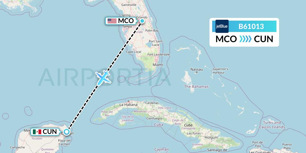 B61013 JetBlue Airways Flight Map: Orlando to Cancun