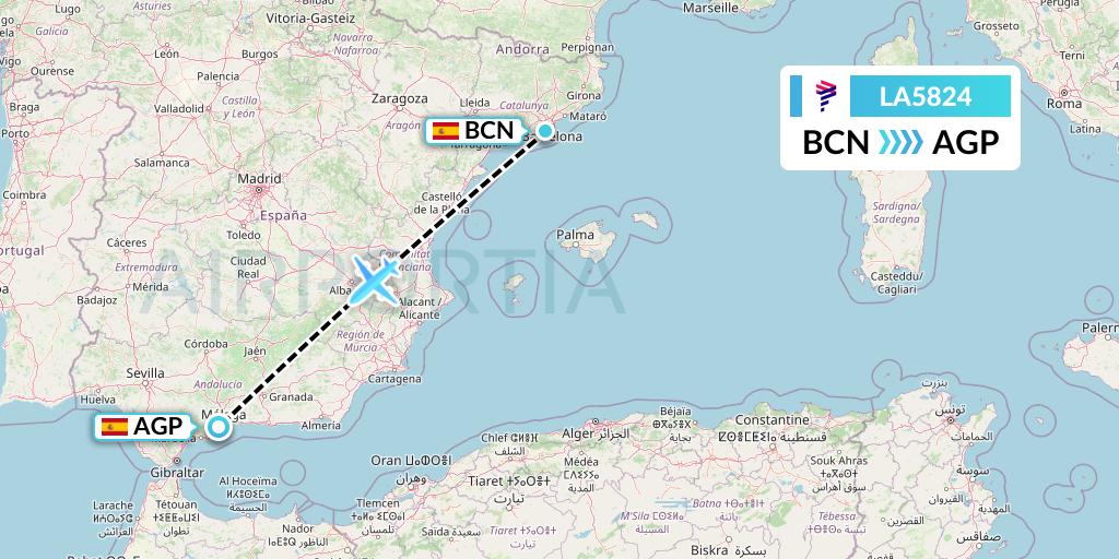LA5824 LAN Airlines Flight Map: Barcelona to Malaga
