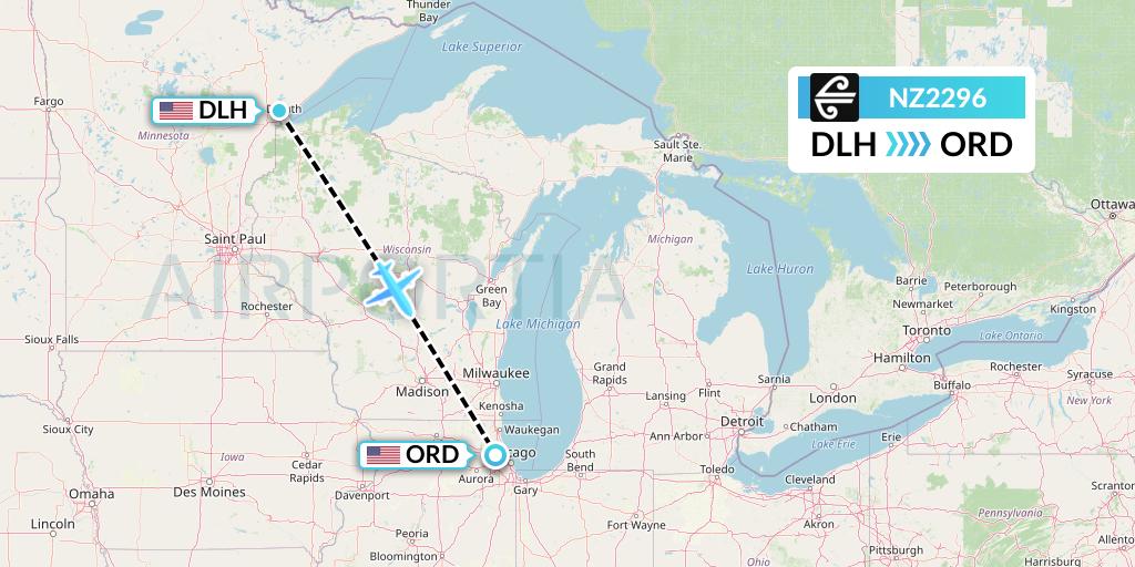 NZ2296 Air New Zealand Flight Map: Duluth to Chicago