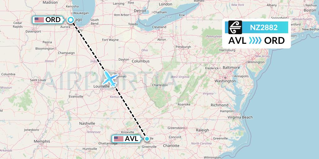 NZ2882 Air New Zealand Flight Map: Asheville to Chicago