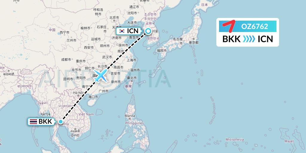OZ6762 Asiana Airlines Flight Map: Bangkok to Seoul