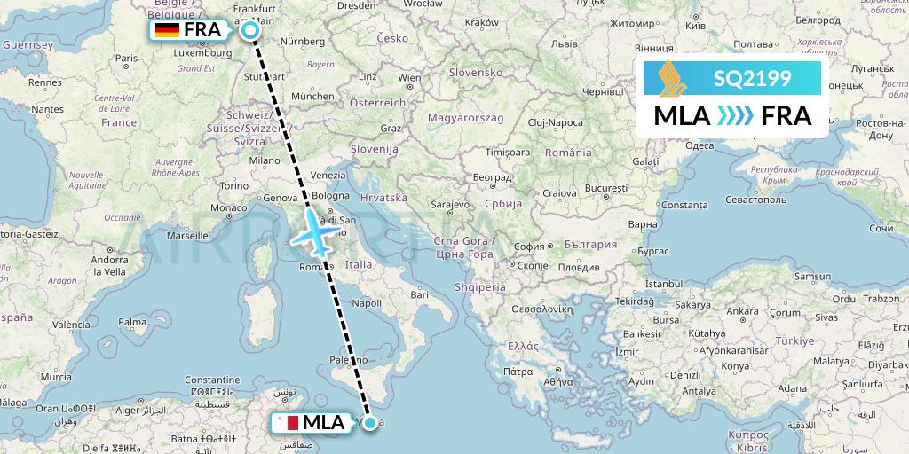 SQ2199 Singapore Airlines Flight Map: Malta to Frankfurt