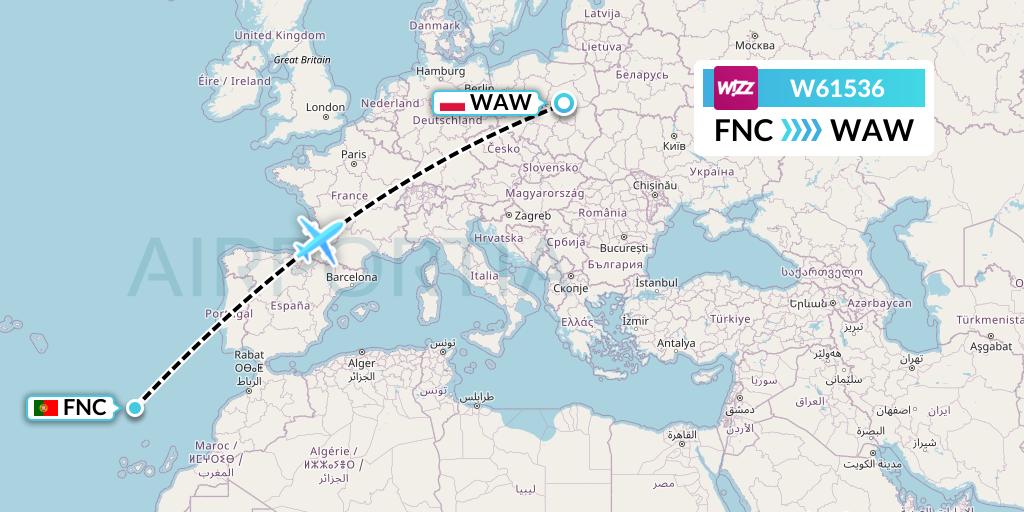 W61536 Wizz Air Flight Map: Funchal to Warsaw