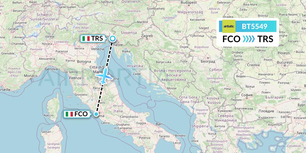 BT5549 Air Baltic Flight Map: Rome to Trieste