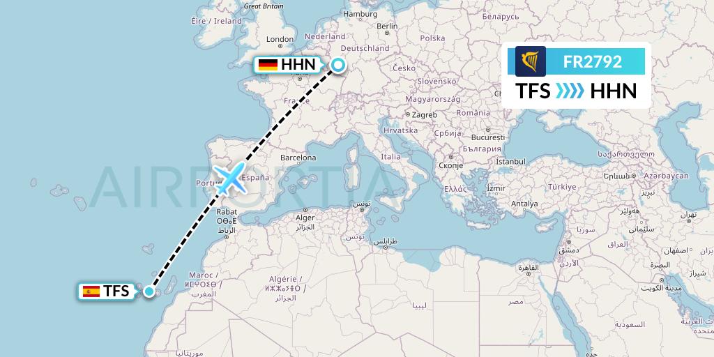 FR2792 Ryanair Flight Map: Tenerife to Hahn
