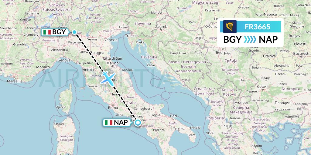FR3665 Ryanair Flight Map: Milan to Naples