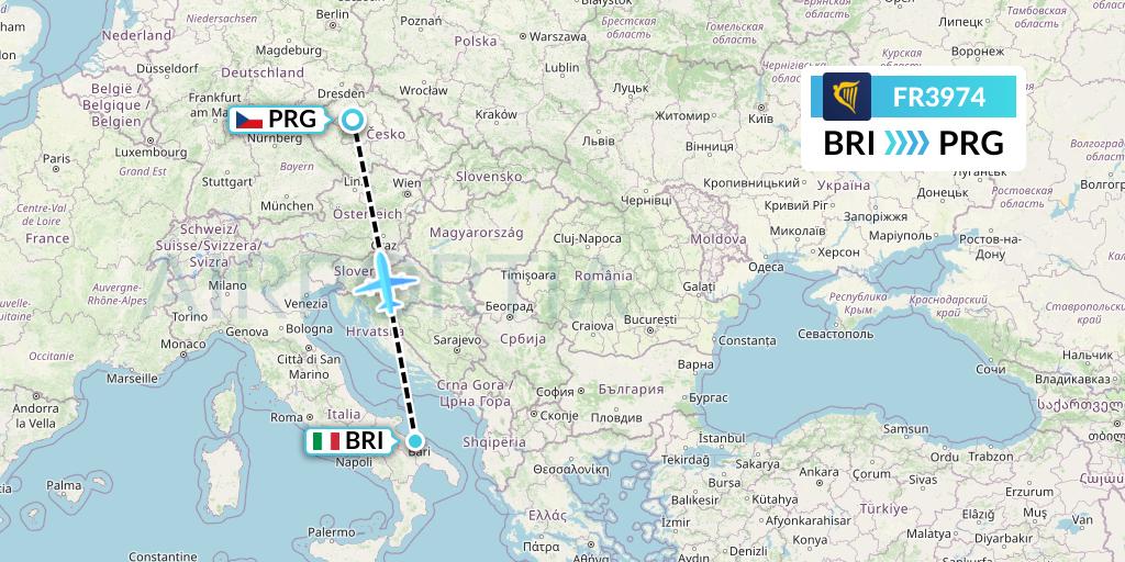 FR3974 Ryanair Flight Map: Bari to Prague