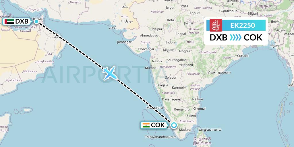 EK2250 Emirates Flight Map: Dubai to Cochin