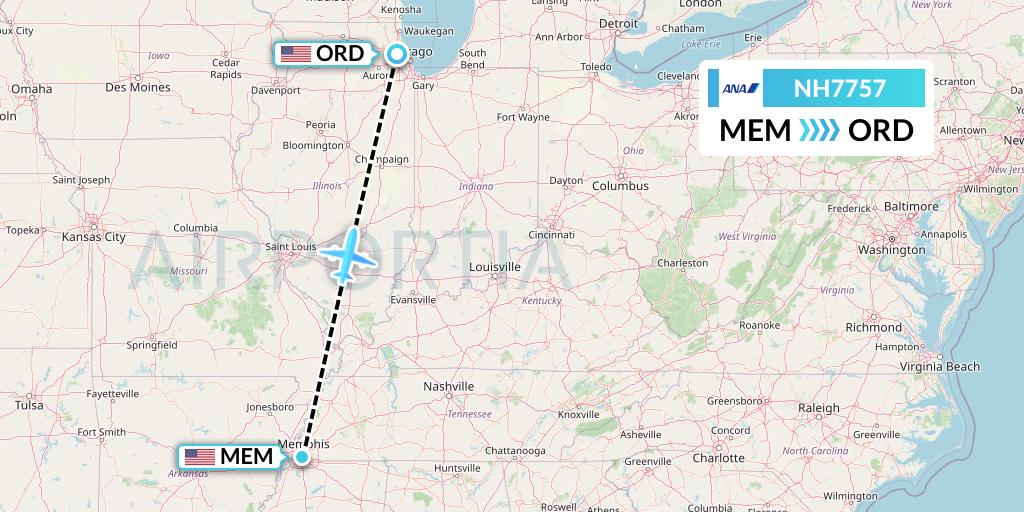 NH7757 All Nippon Airways Flight Map: Memphis to Chicago