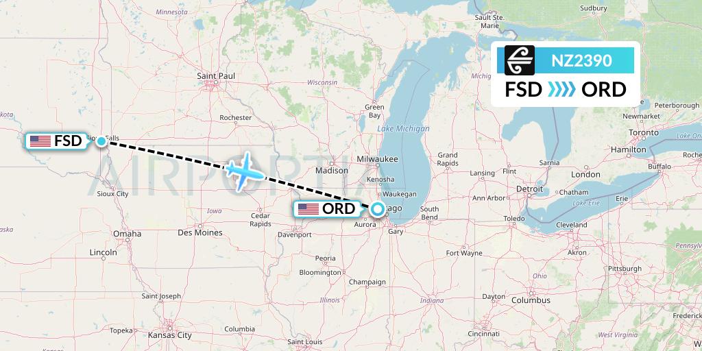 NZ2390 Air New Zealand Flight Map: Sioux Falls to Chicago