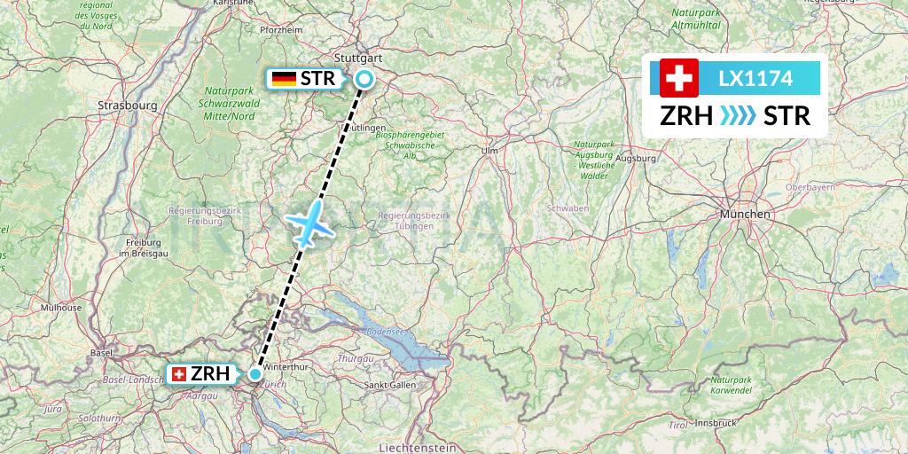 LX1174 Swiss Flight Map: Zurich to Stuttgart