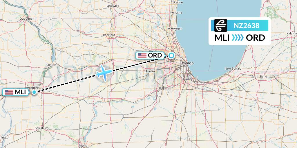 NZ2638 Air New Zealand Flight Map: Moline to Chicago