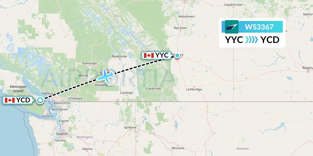 WS3367 WestJet Flight Map: Calgary to Nanaimo