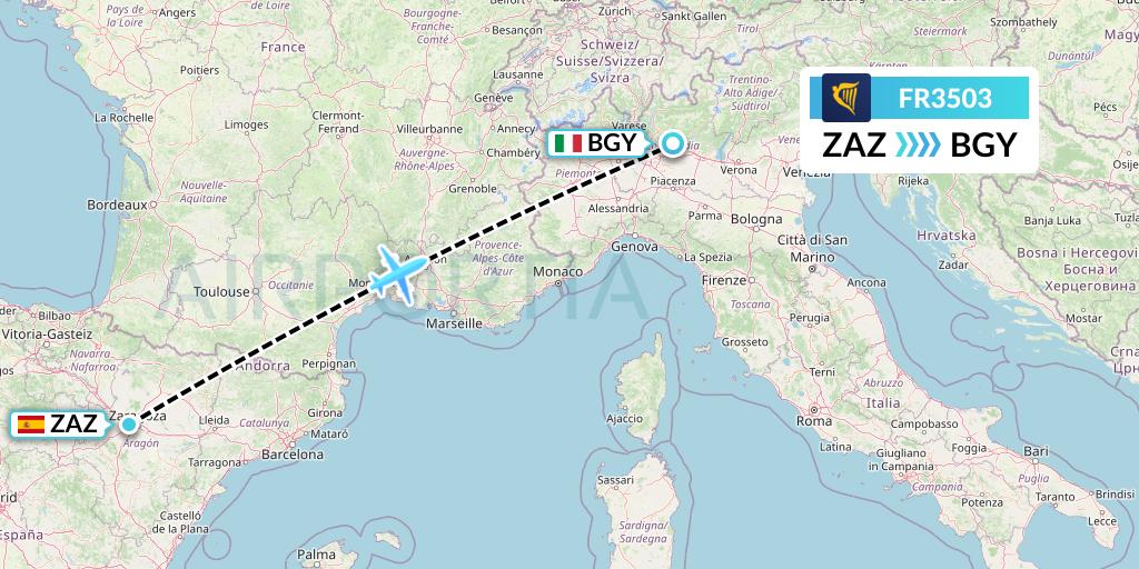 FR3503 Ryanair Flight Map: Zaragoza to Milan