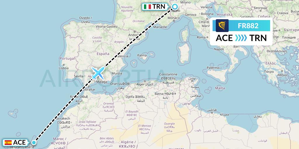 FR882 Ryanair Flight Map: Lanzarote to Turin