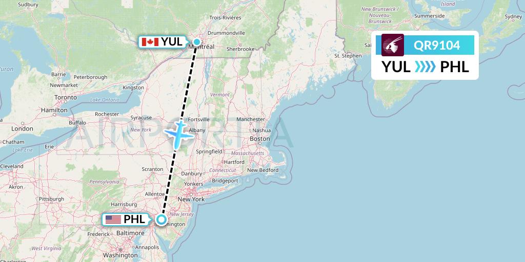 QR9104 Qatar Airways Flight Map: Montreal to Philadelphia
