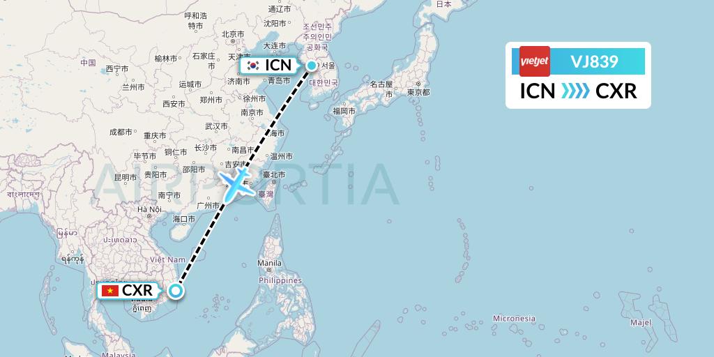 VJ839 VietJet Air Flight Map: Seoul to Nha Trang