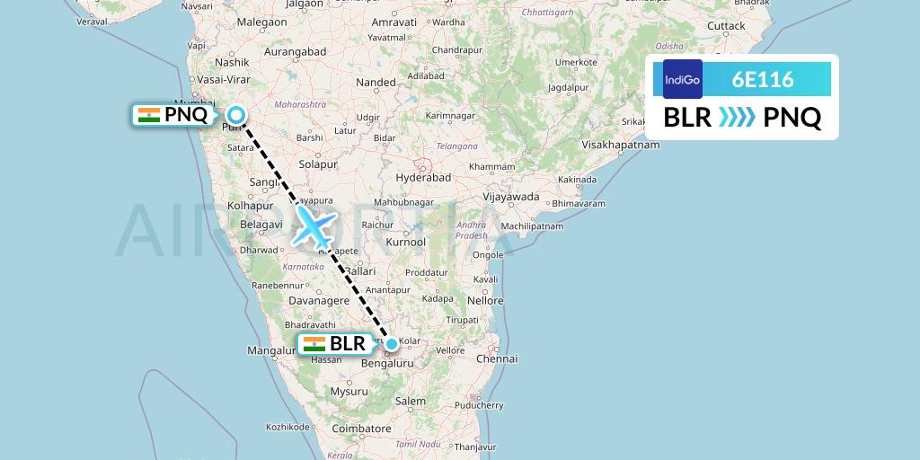 6E116 IndiGo Airlines Flight Map: Bangalore to Pune