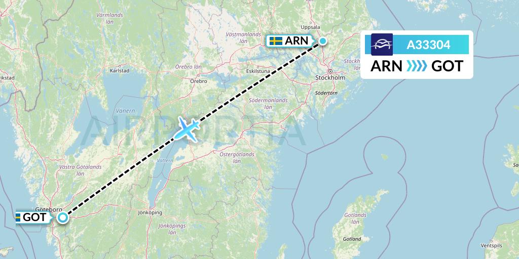 A33304 Aegean Airlines Flight Map: Stockholm to Gothenburg