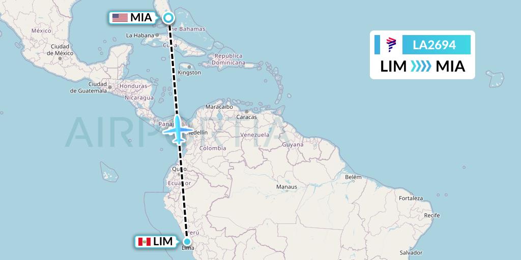 LA2694 LAN Airlines Flight Map: Lima to Miami