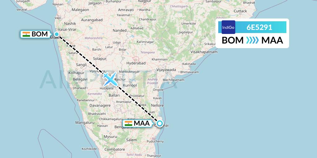 6E5291 IndiGo Airlines Flight Map: Mumbai to Chennai