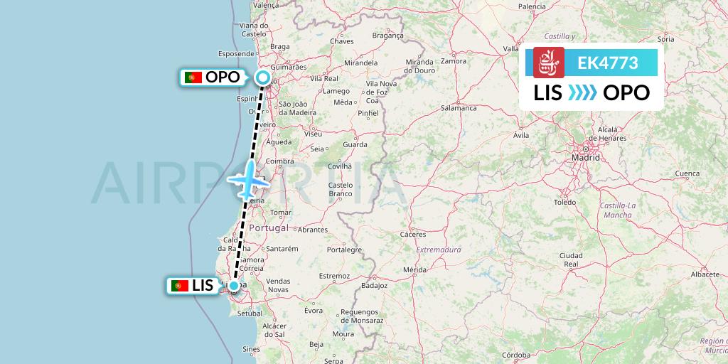EK4773 Emirates Flight Map: Lisbon to Porto
