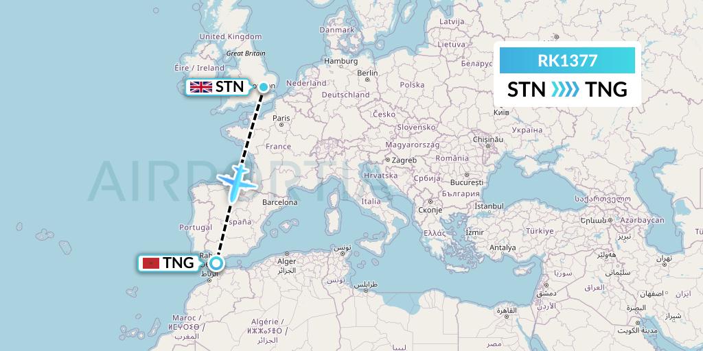 RK1377 Ryanair UK Flight Map: London to Tangier