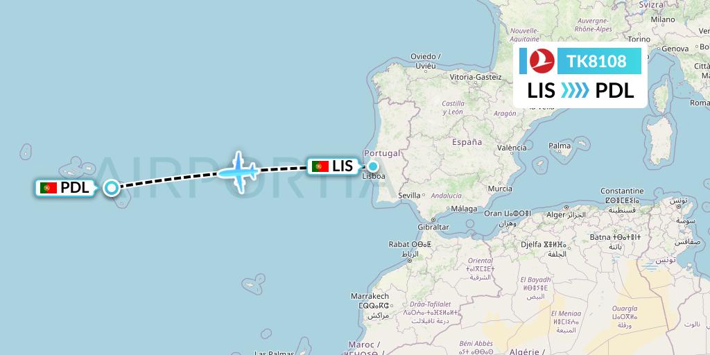 TK8108 Turkish Airlines Flight Map: Lisbon to Ponta Delgada