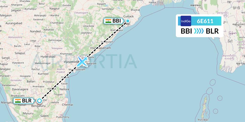6E611 IndiGo Airlines Flight Map: Bhubaneswar to Bangalore