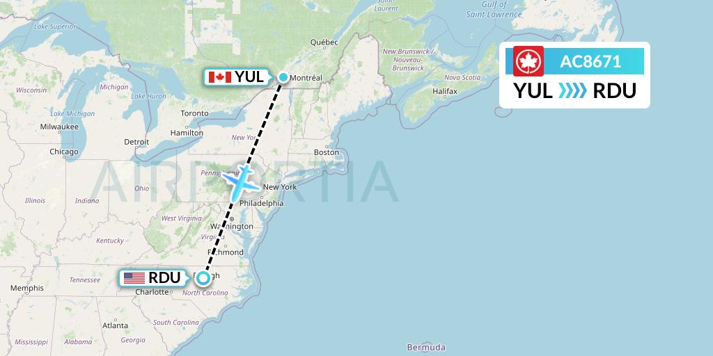 AC8671 Air Canada Flight Map: Montreal to Raleigh-Durham