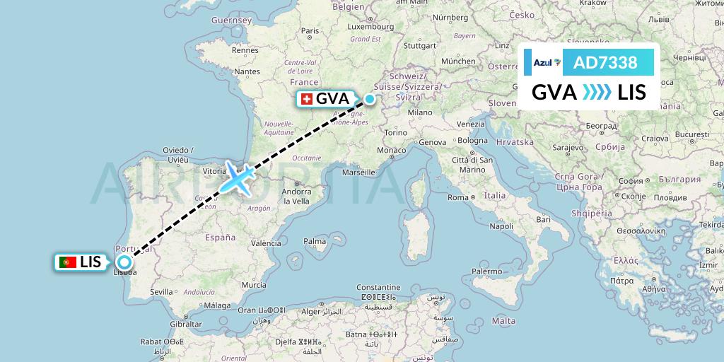 AD7338 Azul Brazilian Airlines Flight Map: Geneva to Lisbon