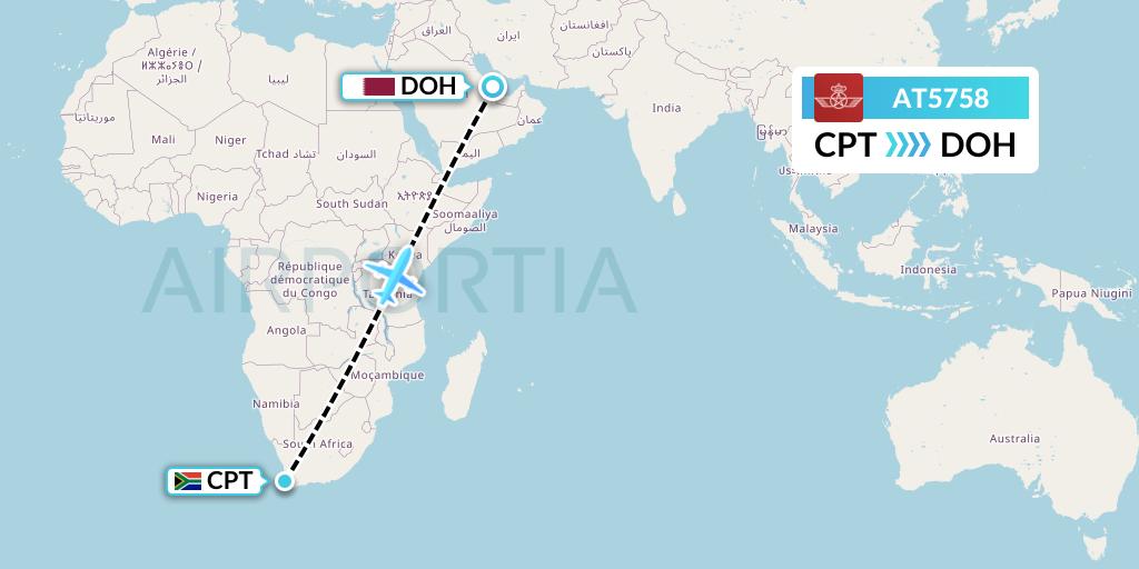 AT5758 Royal Air Maroc Flight Map: Cape Town to Doha