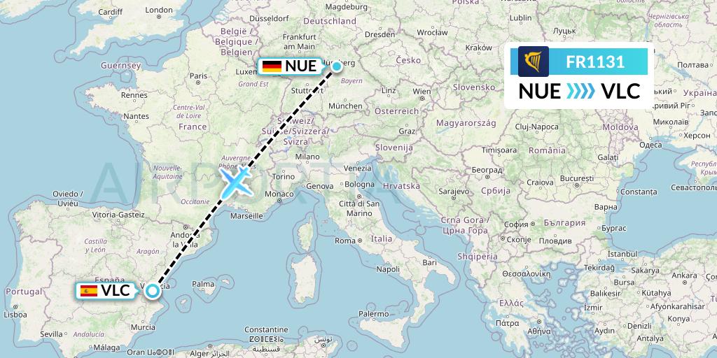 FR1131 Ryanair Flight Map: Nurnberg to Valencia