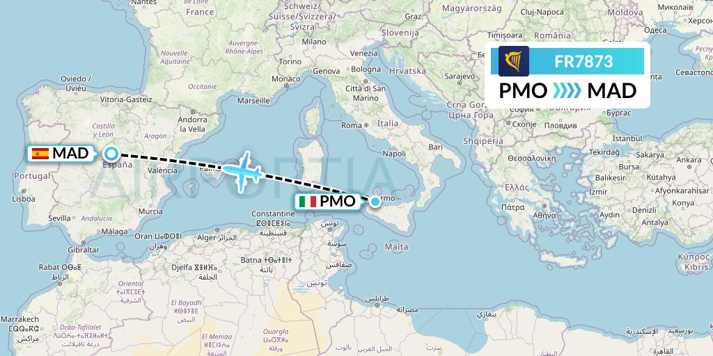FR7873 Ryanair Flight Map: Palermo to Madrid