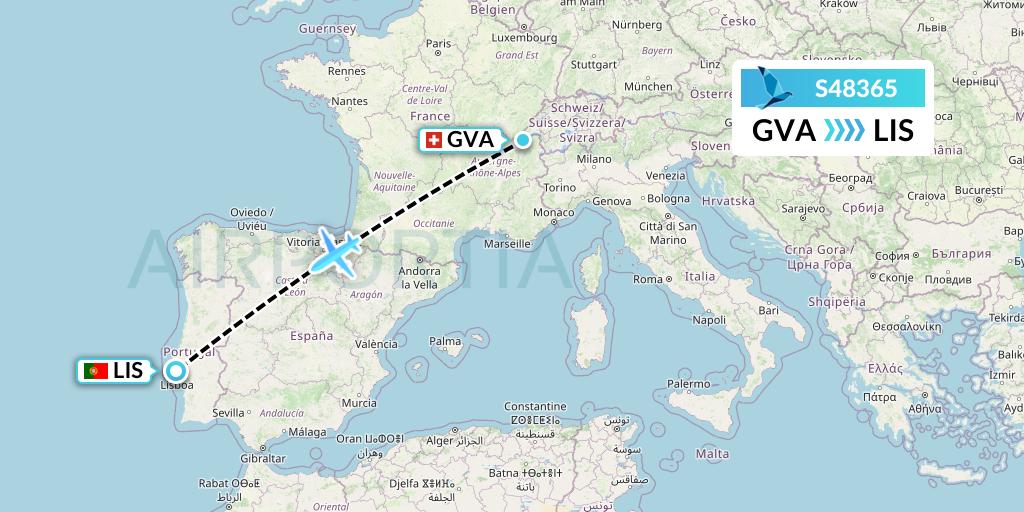 S48365 Azores Airlines Flight Map: Geneva to Lisbon