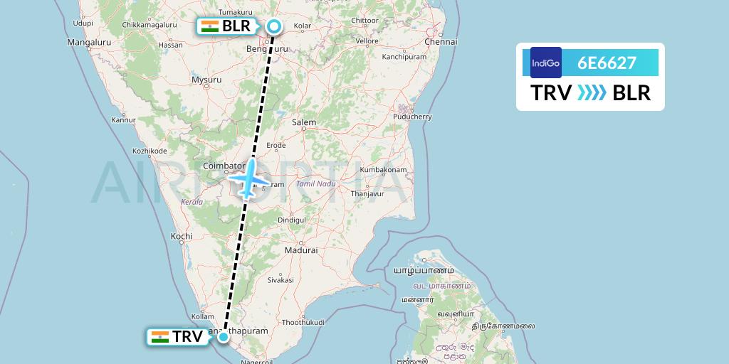 6E6627 IndiGo Airlines Flight Map: Thiruvananthapuram to Bangalore